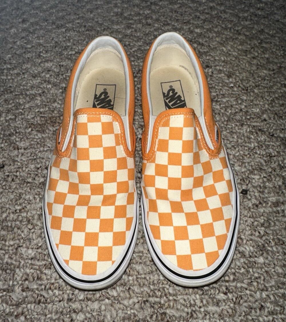 VANS Women’s Slip-On Checkerboard Canvas Sneakers Orange/White US 8